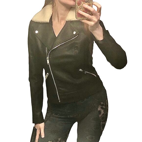French Connection Black Faux Leather Shearling Jacket Coat Size XS NWT - Picture 1 of 16